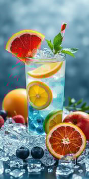 Colorful refreshing cocktail garnished with citrus fruits and mint on ice photo