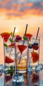 Refreshing summer cocktails with fruit garnishes against a vibrant sunset backdrop photo