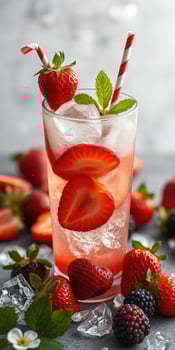 Refreshing strawberry beverage served with fresh mint and ice in a vibrant display of berries and garnishes photo