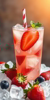 Refreshing summer beverage with strawberries and mint served over ice photo