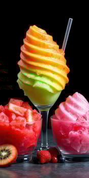 Colorful sorbet assortment featuring fruity flavors served in stylish glassware at a dessert bar photo