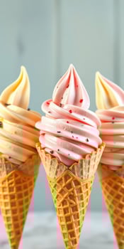 Delicious soft serve ice cream cones in three flavors displayed on a countertop photo