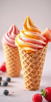 Delicious soft serve ice cream cones with fruity flavors displayed on a neutral background photo