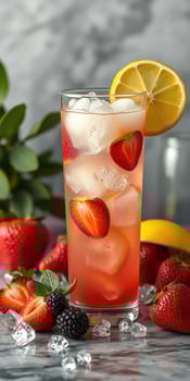 Fresh fruit beverage with strawberries and lemon against a marble background in a bright setting photo