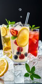 Refreshing summer drinks with fruits and ice served on a cool surface for a vibrant beverage display photo