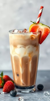 Refreshing iced coffee drink with whipped cream and strawberries served in a tall glass photo