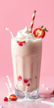 Milkshake with Fresh Strawberries and Whipped Cream Served in a Tall Glass Against a Pink Background photo