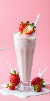 Creamy strawberry milkshake topped with fresh strawberries on a pink background photo