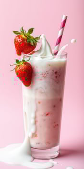 Refreshing strawberry milkshake with whipped cream and fresh strawberries on a pink background photo