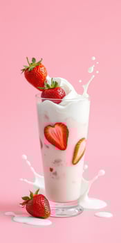 Refreshing strawberry milkshake with fresh strawberries and cream on a pink background photo