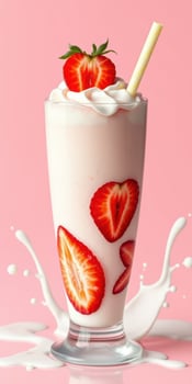 Delicious strawberry milkshake served in a tall glass with whipped cream and fresh strawberries photo