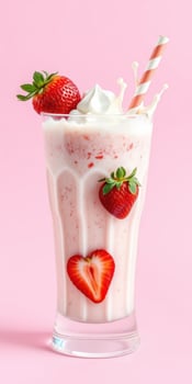 Delicious strawberry milkshake topped with whipped cream and fresh strawberries in a vibrant setting photo