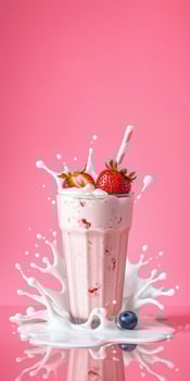 Delicious strawberry and blueberry milkshake splashing on a pink background in a tall glass with a straw and whipped cream photo