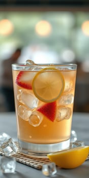 Refreshing iced beverage served with lemon and strawberries on a warm day photo