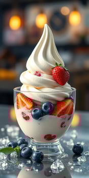 Delicious dessert featuring whipped cream, strawberries, and blueberries in a glass bowl photo