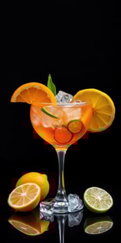 Refreshing citrus cocktail with ice and garnishes in a glass on a dark background photo