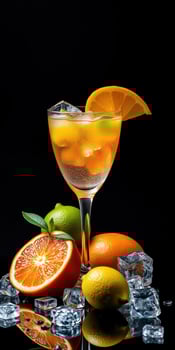 Refreshing citrus cocktail garnished with orange and ice on a dark background photo