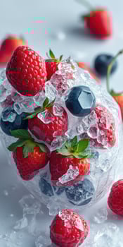 Fresh berries with ice creating a refreshing dessert display in a serene setting photo