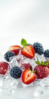Fresh strawberries and blackberries on ice create a vibrant summer display in a cool setting photo