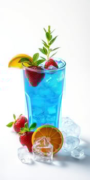 Refreshing blue drink garnished with strawberries and orange on a bright background photo