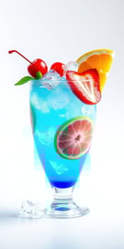 Refreshing blue cocktail garnished with fruits and ice cubes served in a tall glass photo