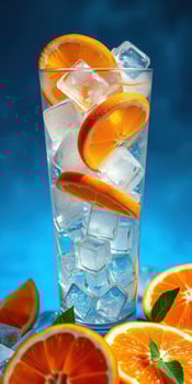 Refreshing citrus drink with orange slices and ice cubes in a tall glass on a bright blue background photo