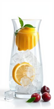 Refreshing lemonade with ice and cherries served in a stylish pitcher during sunny summer days photo
