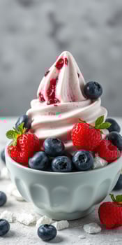 Delicious berry swirl soft serve topped with fresh strawberries and blueberries in a bowl photo