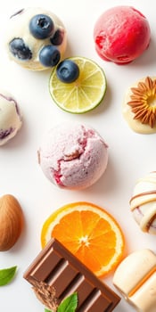 Colorful assortment of ice cream flavors with fresh fruits and toppings arranged on a white surface photo