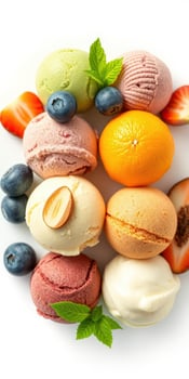 Colorful assortment of ice cream scoops and fresh fruits arranged on a white plate photo