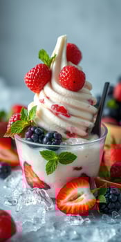 Creamy frozen dessert topped with fresh raspberries and strawberries on a cool backdrop photo