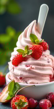 Strawberry swirl dessert with fresh berries and mint served in a bowl on a dark background photo