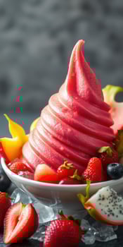 Delicious swirl of pink sorbet topped with fresh fruits served in a white bowl photo