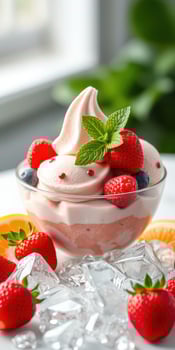 Delicious dessert with soft serve ice cream, fresh strawberries, and mint on a bright table setting photo