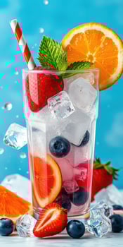 Refreshing summer beverage with fruits and ice set against a blue background photo
