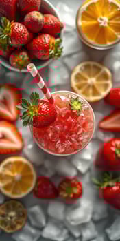 Refreshing summer drink with strawberries, lemons, and ice on a bright countertop photo