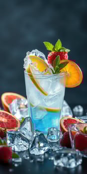 Refreshing blue drink garnished with citrus and berries served on ice with fresh fruit around photo