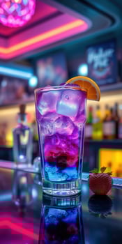 Colorful cocktail served in a tall glass at a vibrant bar with LED lighting photo