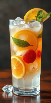 Refreshing citrus drink garnished with mint and fruit on a wooden surface photo
