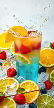 Refreshing summer drink with vibrant citrus and berries surrounded by ice photo
