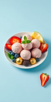 Delicious bowl of pink ice cream served with fresh strawberries, blueberries, and mint on a light blue background photo