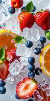 Fresh fruit and ice cubes create a vibrant composition for summer refreshments photo