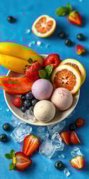 Colorful fruit and ice cream bowl with strawberries, bananas, and citrus on blue background photo