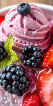 Berry ice cream dessert with fresh strawberries and blackberries on a vibrant plate photo