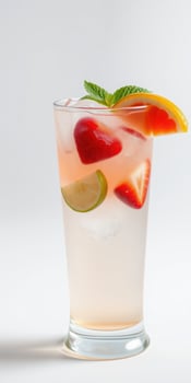 Refreshing fruit cocktail served in a tall glass with citrus and berries on a white background photo
