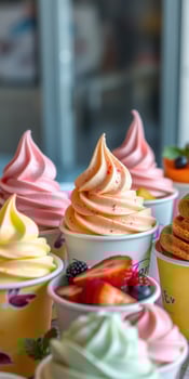 Colorful soft serve ice cream cups displayed with fresh fruit toppings in a bright setting photo