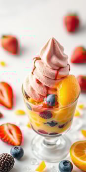 Delicious fruit parfait topped with whipped cream and fresh berries on a light background photo