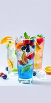 Refreshing summer cocktails with vibrant fruits and ice in a colorful display on a light background photo