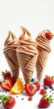 Delicious soft serve ice cream cones with fresh strawberries and orange slices on a white background photo