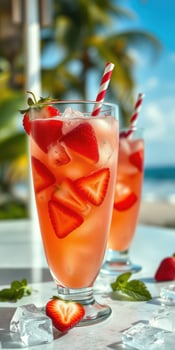 Refreshing strawberry drinks served by the beach on a sunny day with palm trees in the background photo